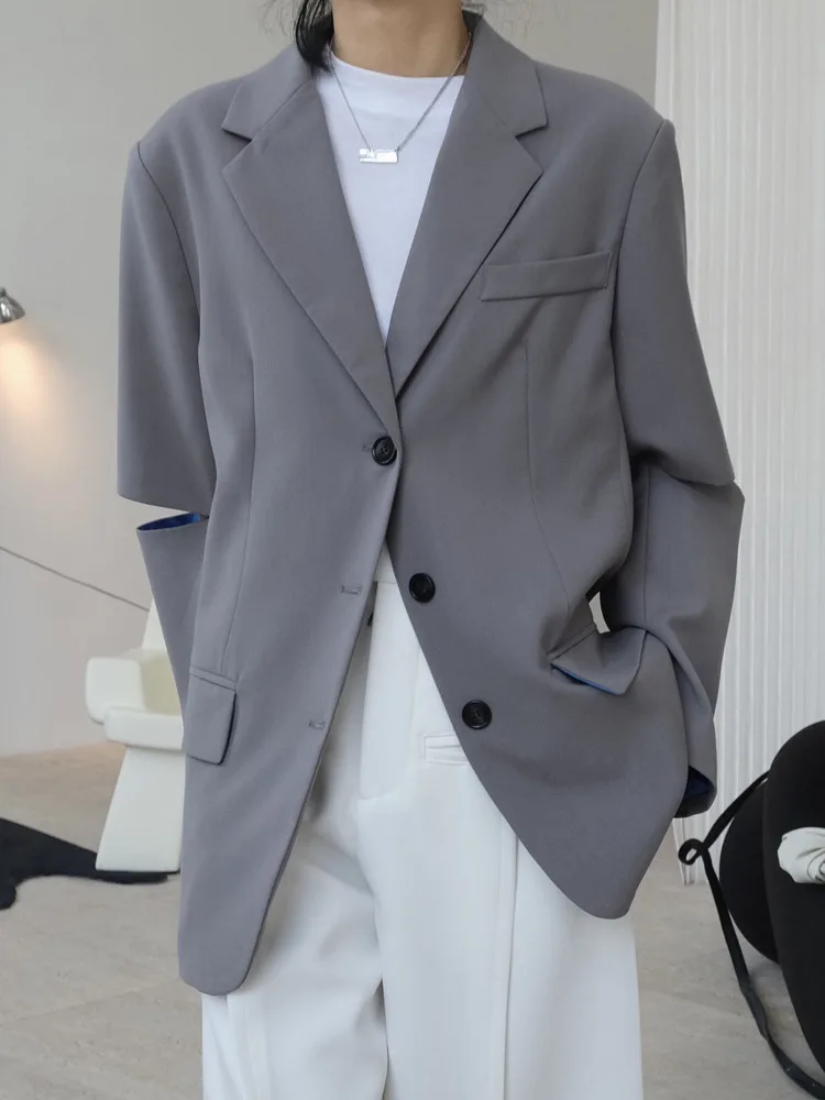 [LANMREM] Fashion Designer Split Spliced Black Blazer For Women Notched Single Breasted Loose Tide Jackets 2024 Spring New