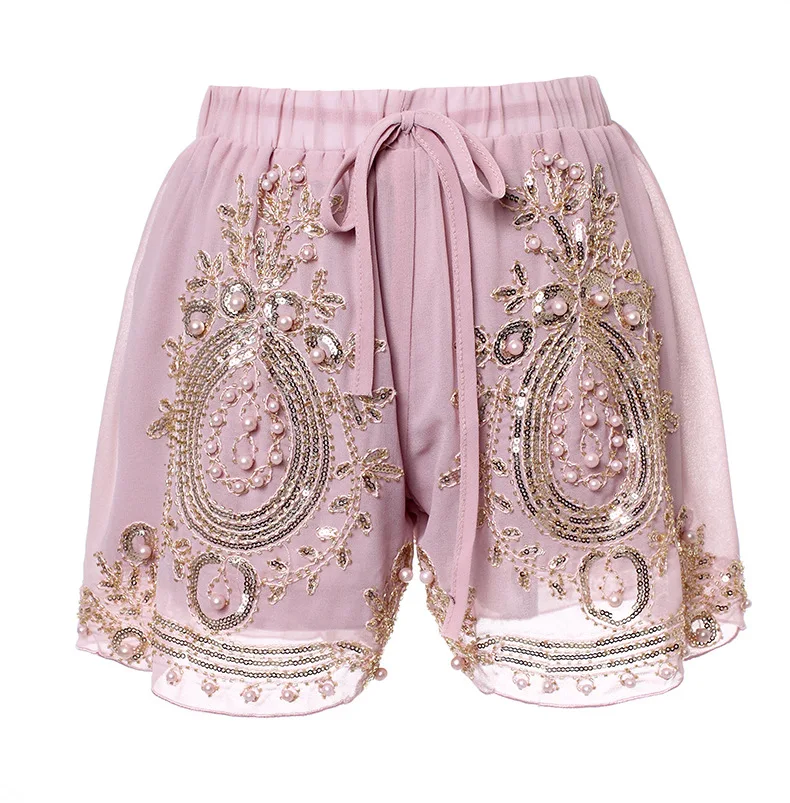 bead work shorts women embroidery sequined shorts women vintage gold embroidery short pants