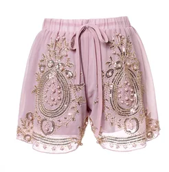 bead work shorts women embroidery sequined shorts women vintage gold embroidery short pants