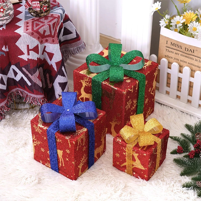 COSTWAY Set van 3 led-geschenkdozen, kerstdecoratie, met 48 warmwitte