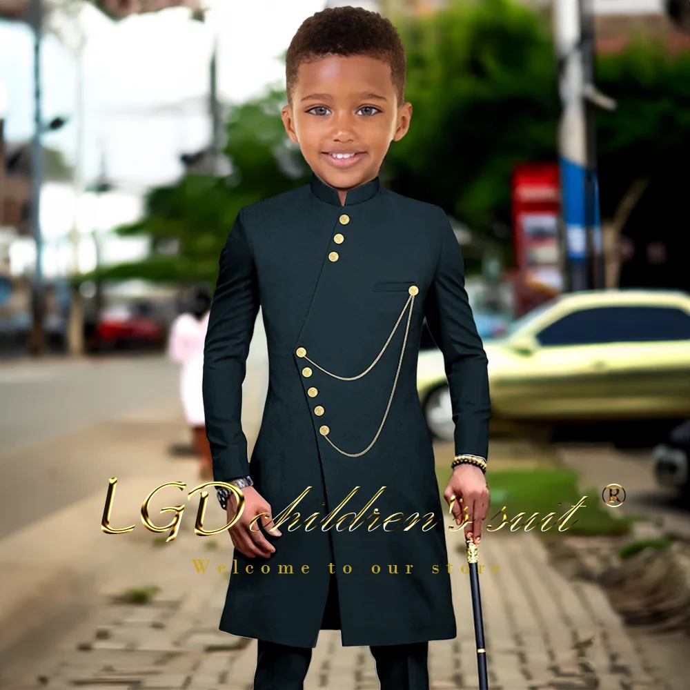 Children aged 3~16 years old, African style single-row gold button jacket and trousers 2-piece long suit