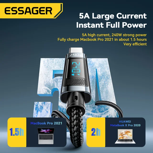Essager 240W USB Type C To USB C Cable PD 3.1 100W Fast Charging Charger Cables 6A For MacBook Pro Laptop Xiaomi iPad Data Cord 3