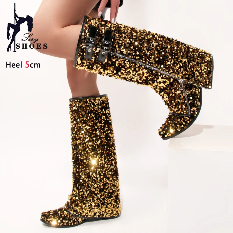 Fashion Sequin Knee-High Boots For Women 5CM Chunk Heels Glitters Party Shoes 2024 New Spring Autumn Lady Turned Over Edge Boots