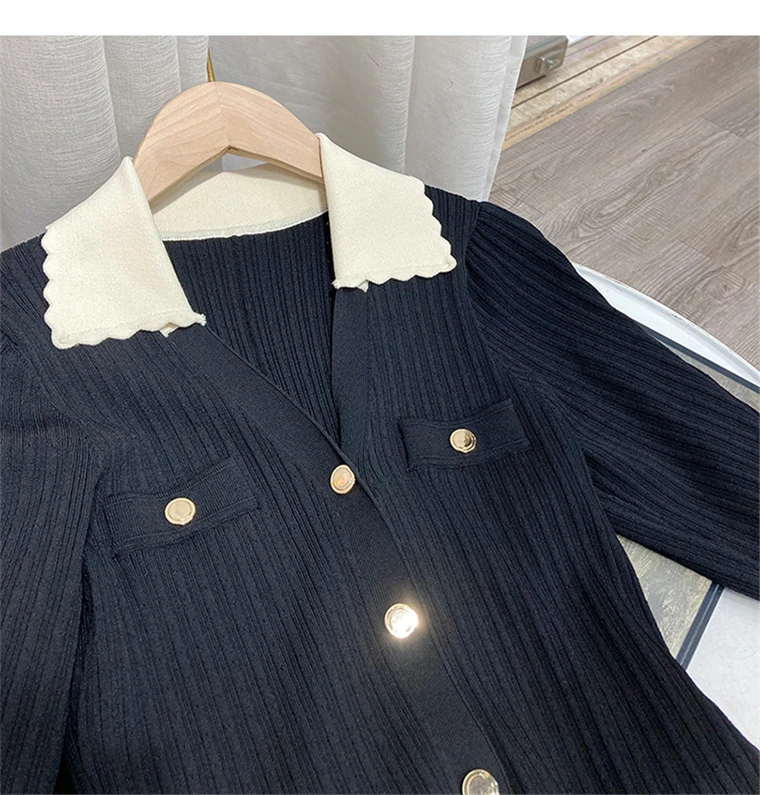 Autumn Elegant Knitted Dresses for Women Patchwork V-neck Puff Sleeve Single Breasted Midi Dress Fashion Ladies Vestidos Femme