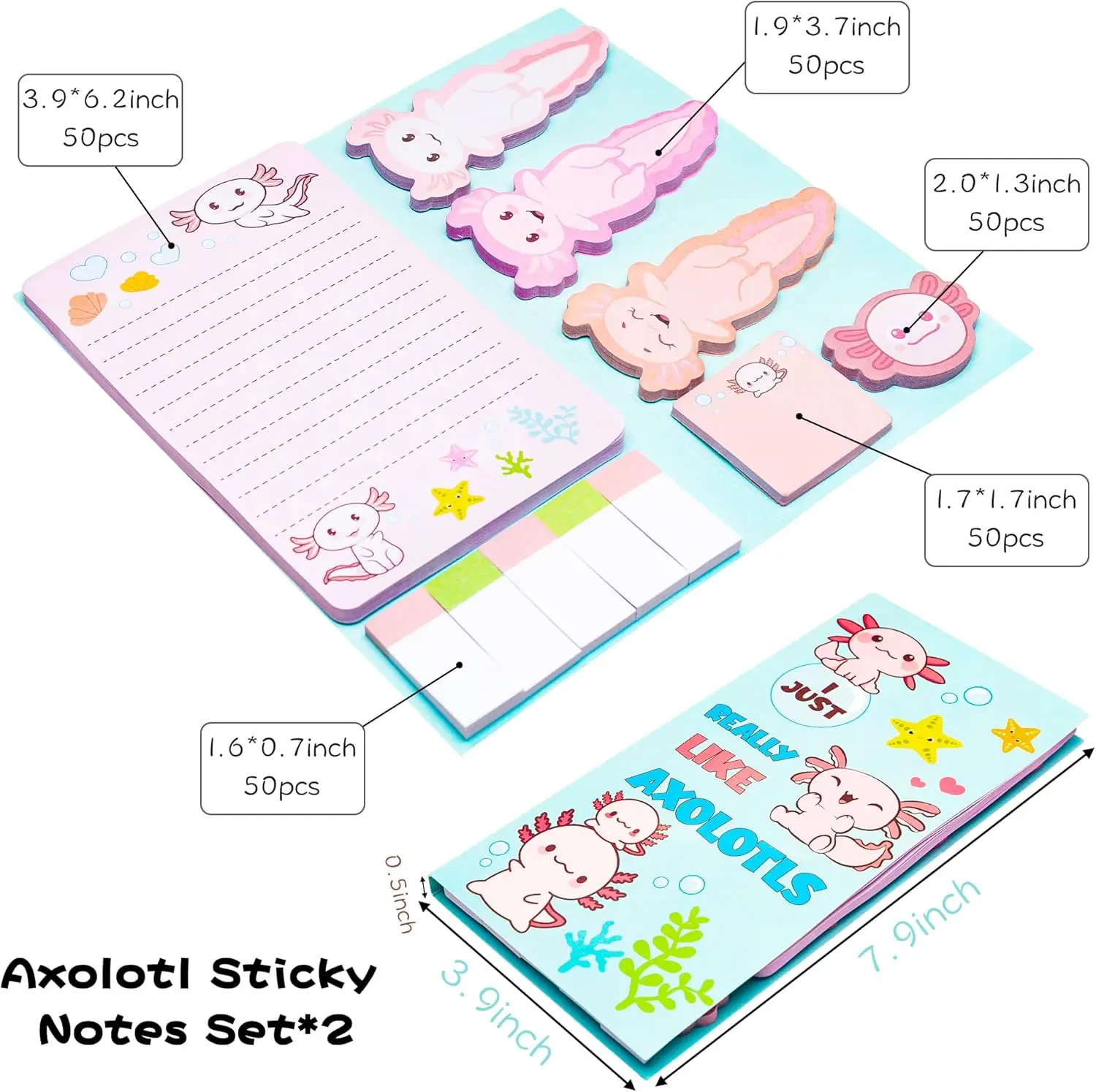 Set di Foglietti Adesivi a Tema Axolotl - Blocco Note con Pesci Mexican Walking Fish, Divisori e Segnapagina per Scuola, Ufficio, Regalo - immagine 2