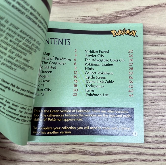 Pokemon Green GBC Game in Box for 16 Bit Video Game Cartridge Trainers Guide with Manuals Fan Made 3