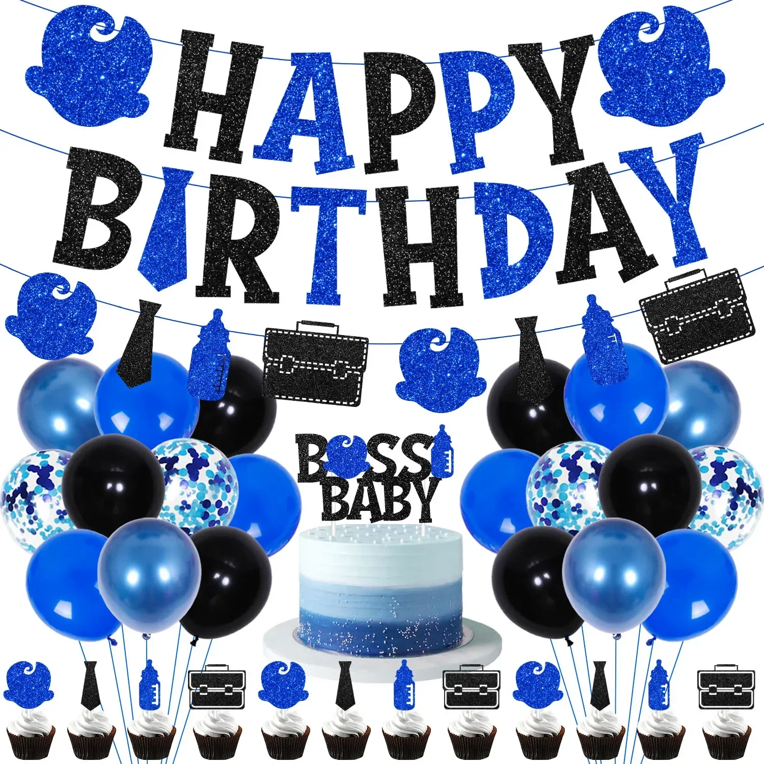 Boss Birthday Party Decorations For Baby Boys Blue Black Happy Birthday Banner Cake Toppers Balloons Set Boy 1St Birthday Decor