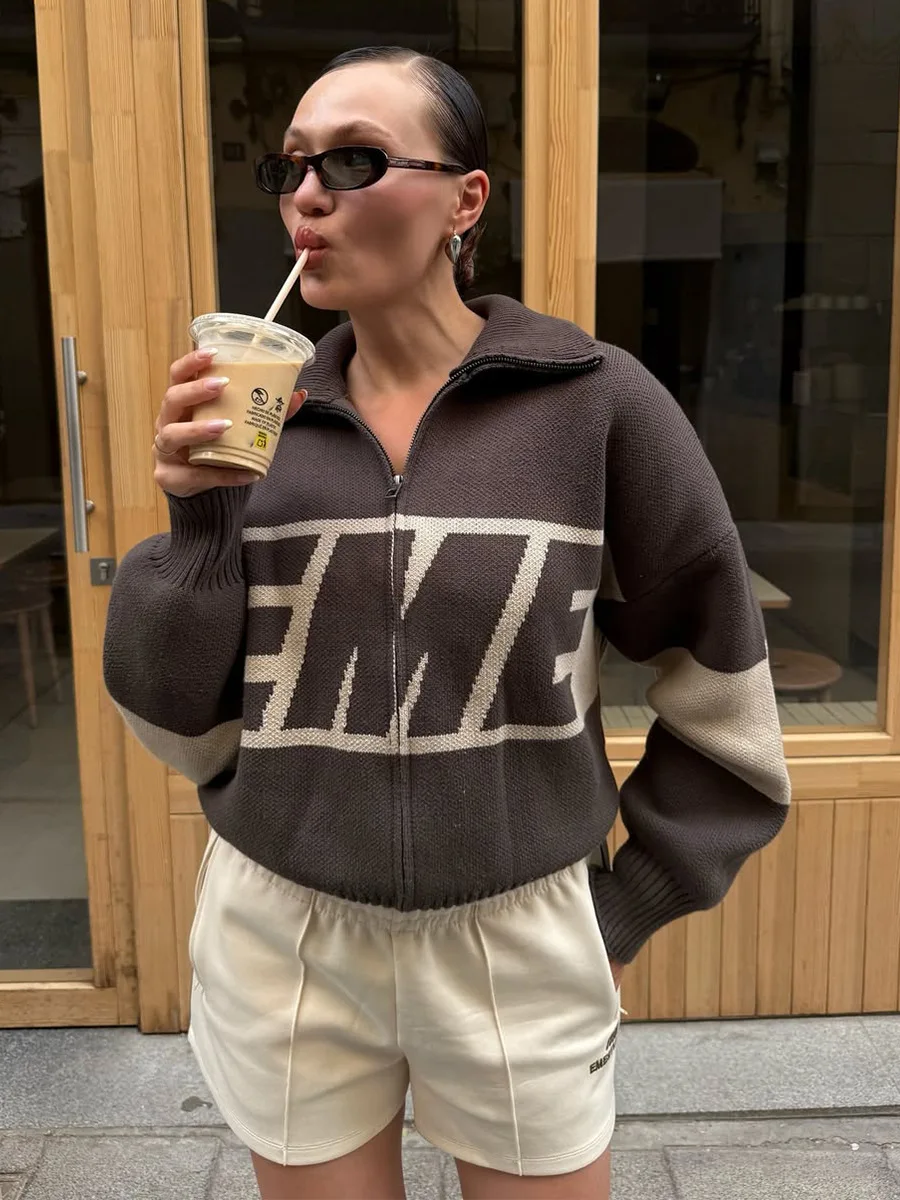 Bornladies Women's New Autumn Winter Knit Sweater Cardigan Collar Design Loose Letter Print Fit Lazy Style Jumpers