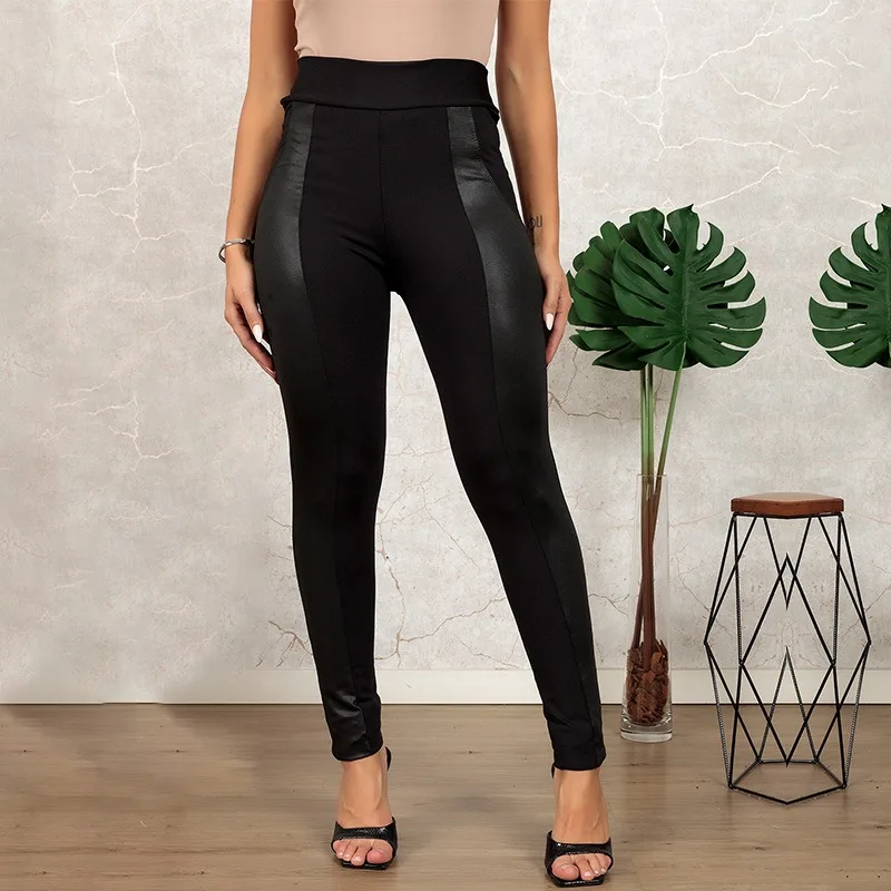 2024 New Women's Knitted Leather Patchwork Pencil Pants Black Sexy High Waist Elastic Waist Trousers Slim Leggings NASY0013