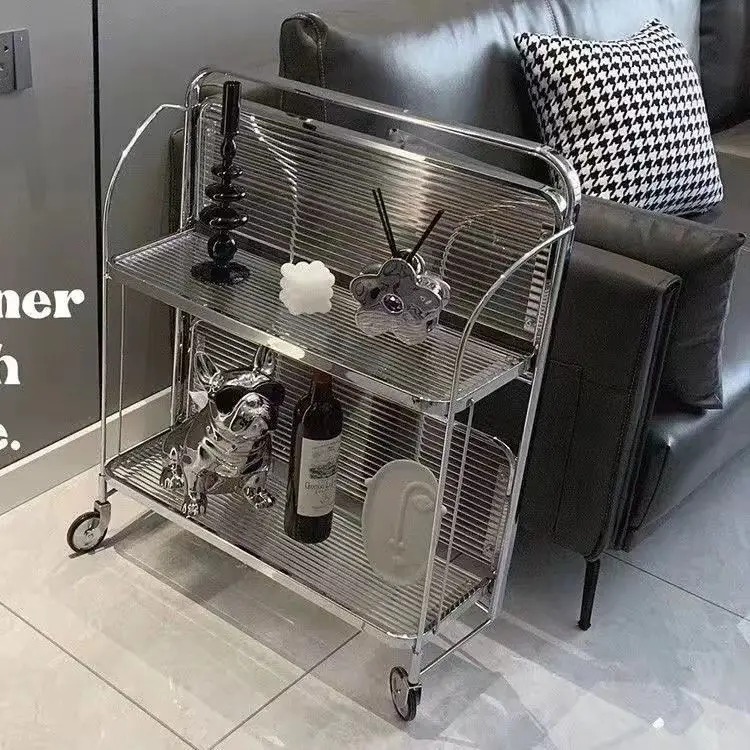 Medieval Style Cart Movable Folding Cart Wine Transparent Glass Storage Trolley Wheel Kitchen Sofa Side Table