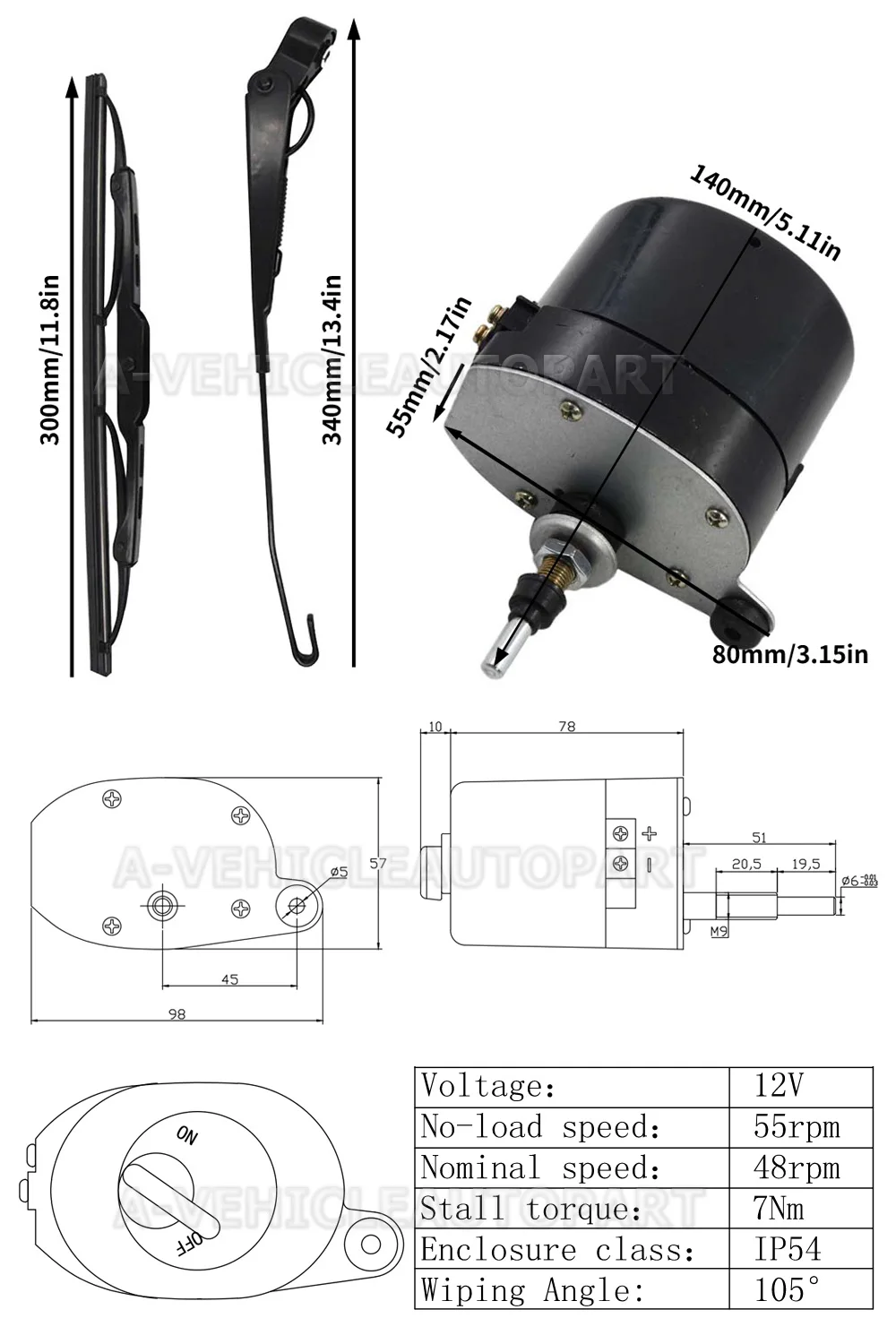 OEM: 01287358 7731000001 0390506510 Universal 12V Windscreen Wiper 