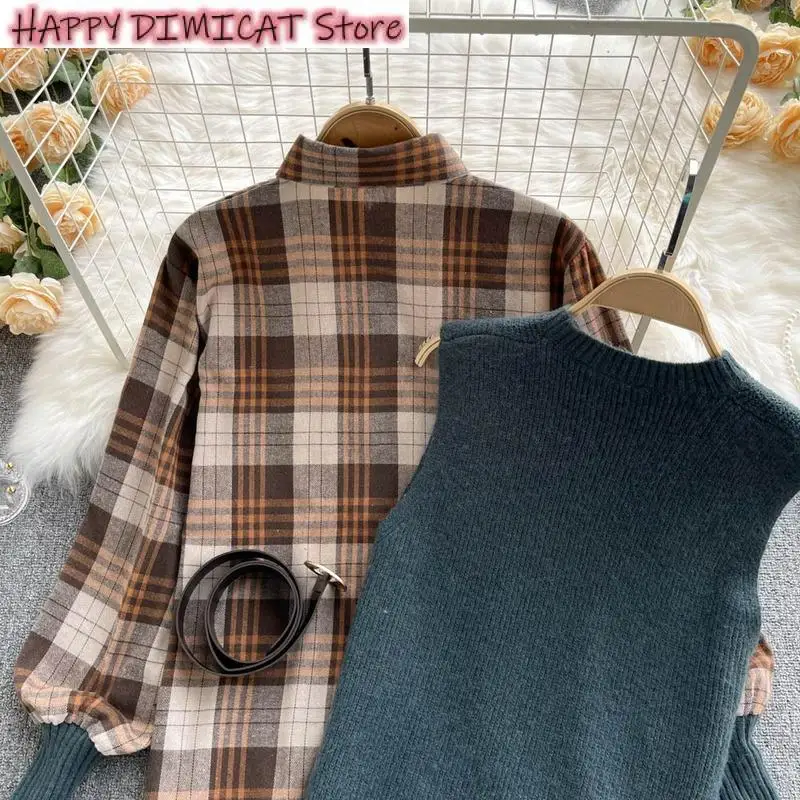 Womens Shirts Sets Autumn Winter Knitted Vest Two 2 Piece Set Women Long Sleeve Plaid Shirt Sleeveless Sweater Tops Suits