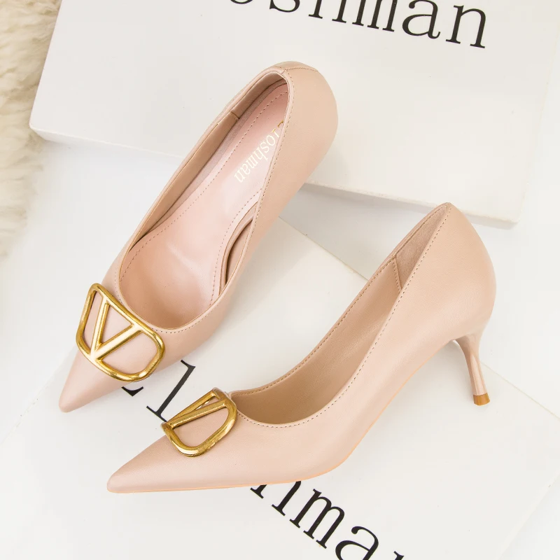 Sexy PU Leather Pointed High Heels Female 2024 New Professional Metal Buckle Shoes Red Stiletto Single Shoes Zapatos De Mujer