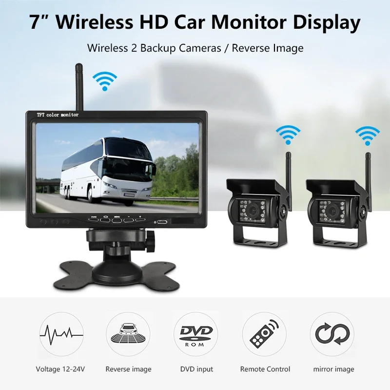 Jansite 7" Wireless Car monitor TFT Car Backup Cameras Monitor For Truck Parking Rearview System Rear Camera lens Voltage 12-24V