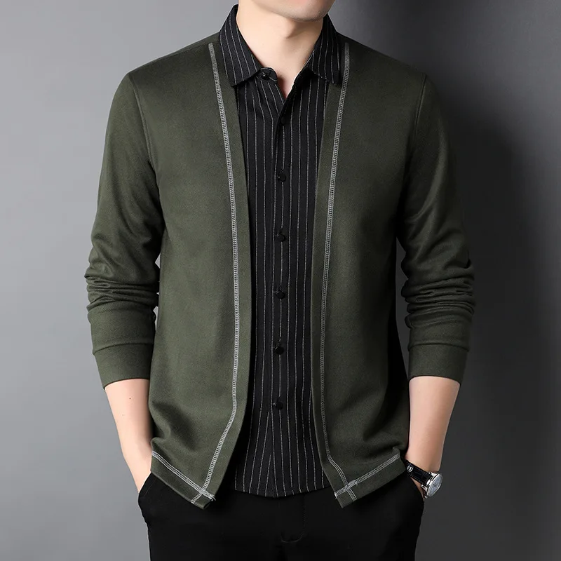 thumbnail image 1 of Suéteres tipo cárdigan de dos piezas para hombre, de estilo informal, ajustados y a la moda, para primavera y otoño, 1 of 4