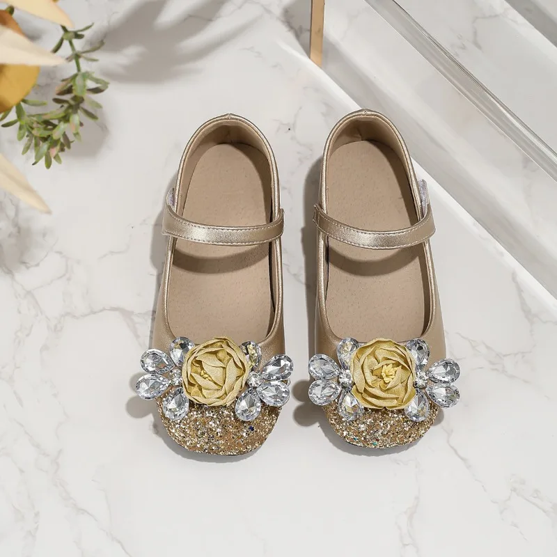 Girls Leather High Heel Shoes with Rhinestone for Wedding Party