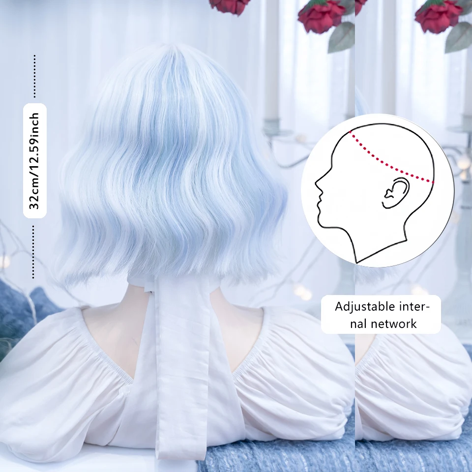 Synthetic White Blue Green Bob Wig for Women Daily Cosplay