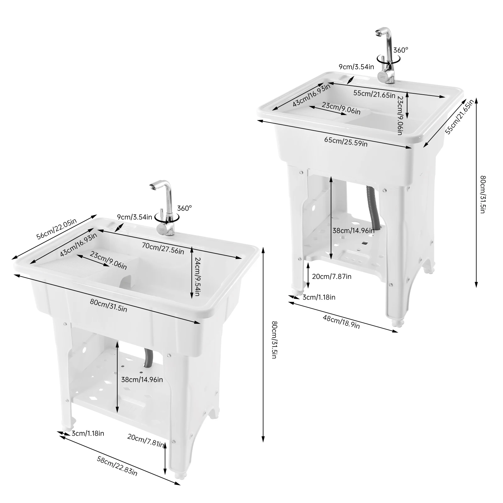Small/Large Utility Sink with Cold and Hot Water Faucet Hoses and Drain Kit Freestanding Plastic Laundry Sink with Washboard 6