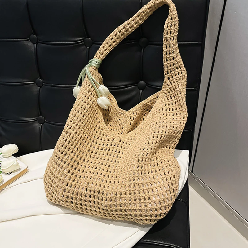 New Sweet Crochet Shoulder Bag Leisure with Tulip Pendant Beach Hollow Handbag Solid Color Vacation Woven Totes Bag Summer