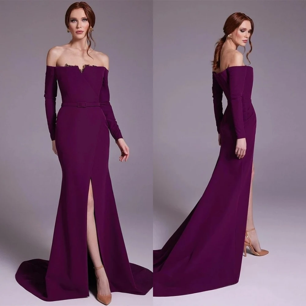 Satin Flower Sashes Wedding Party Sheath Off-the-shoulder Bespoke Occasion Gown Long Dresses