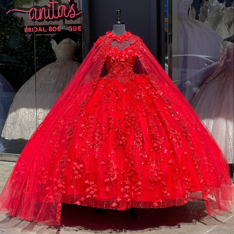

Red Shiny Princess Quinceanera Dress Sweet 16 Years Gowns Birthday Party Princess Lace Appliques Beads With Cape Puffy Ball Gown