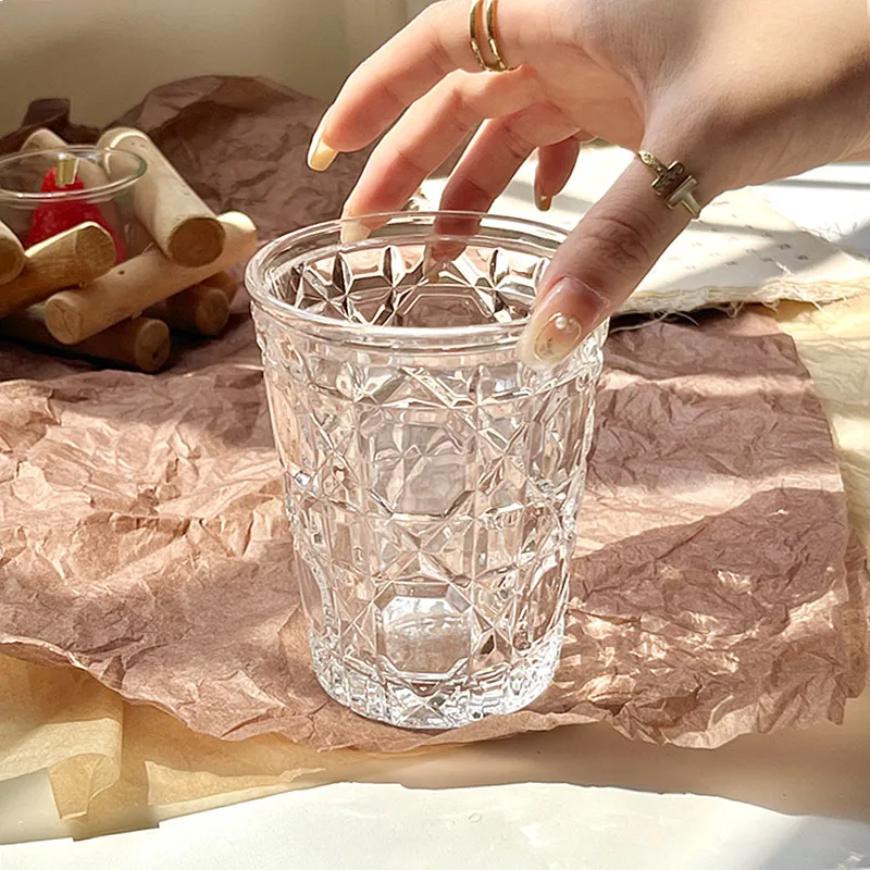 4pcs Glass Set for Drinking 10.5oz Household Whiskey Cups Diamond Painting Wine Glass Juice Drinks Glasses Transparent Drinkware - 4