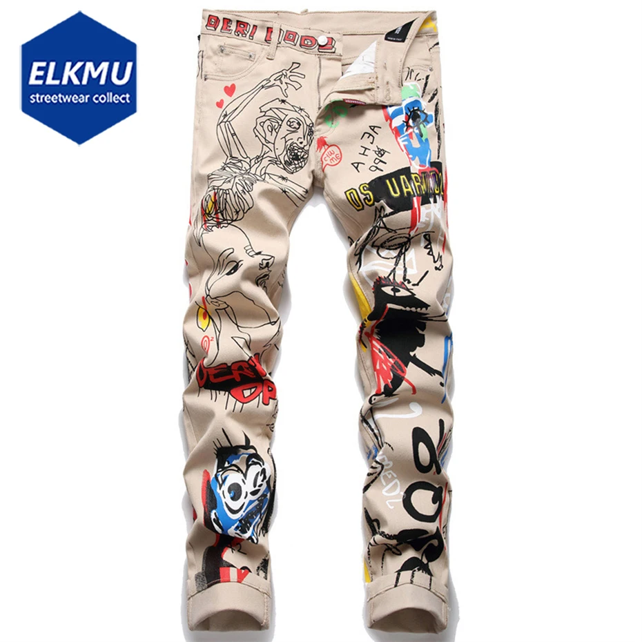 

Graffiti Fashion Skinny Jeans Denim Pants for Men 2022 New Hip Hop Streetwear Harajuku Jeans Trousers Luxury Designer Jean Pants