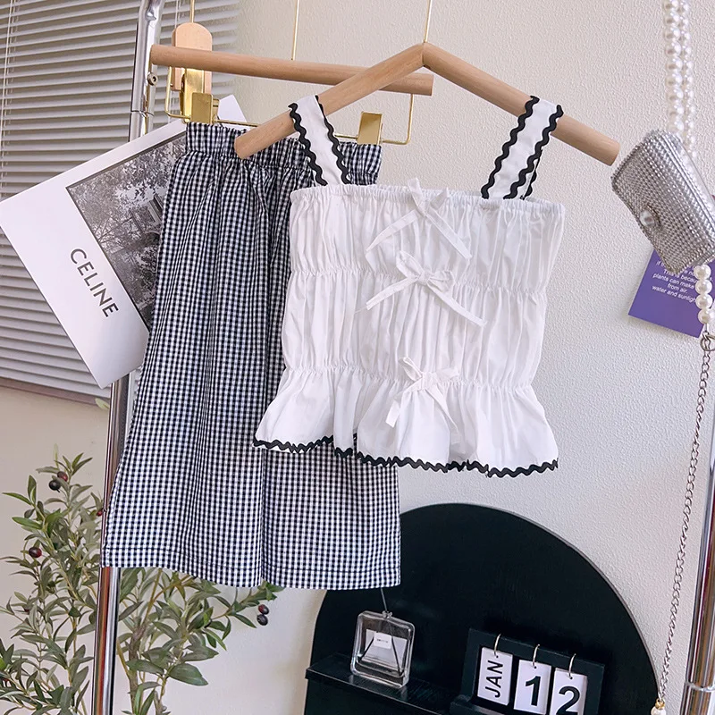 

Girls Suit Summer New Elastic Bow Stylish Suspender Top + Plaid Pants Two-piece Suit Girls Clothes Kids Clothes