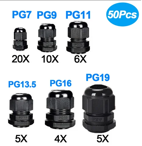 50PCS Waterproof Nylon Cable Gland Kit Joints Locknut Glands Fit 3-16mm Cable PG7 PG9 PG11 PG13.5 PG16 PG19 Comprehensive Kit