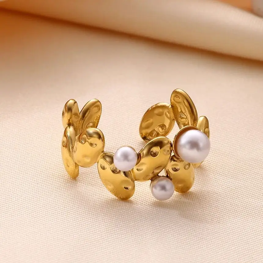 Luxury18K Gold Plated Stainless Steel Adjustable Irregular Peral Rings For Women