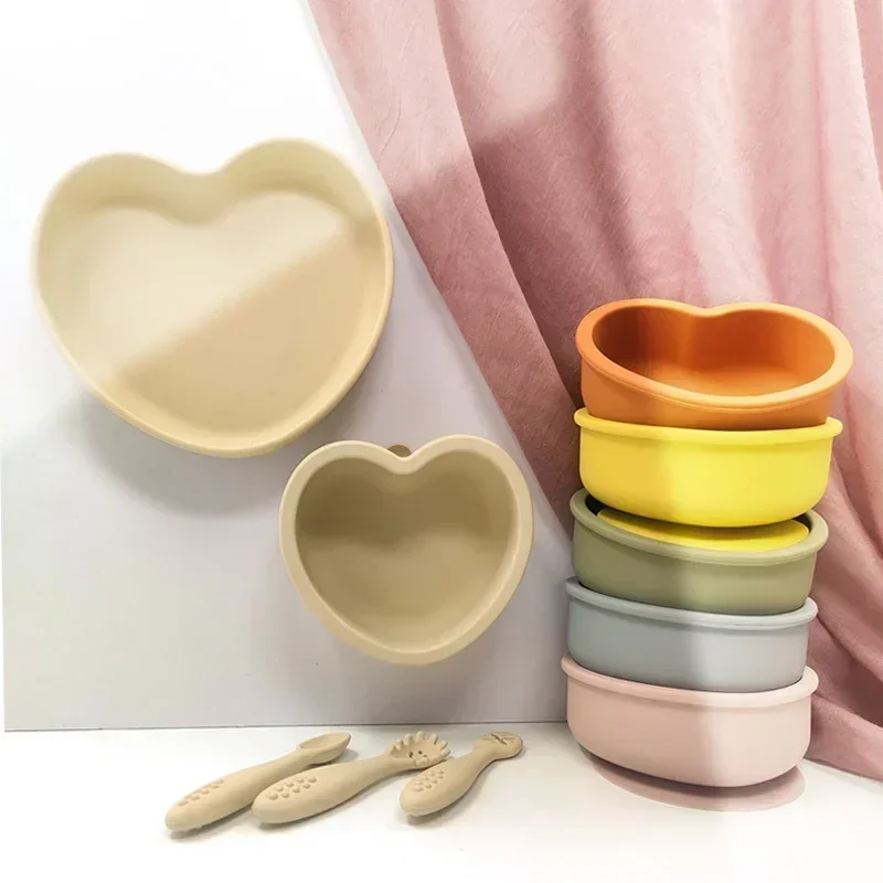 5Pc/Set Baby Silicone Tableware Set Kids Feeding Plate Bowl Fork Spoon BPA-Free Food Grade Silicone Waterproof Suction Tableware 5