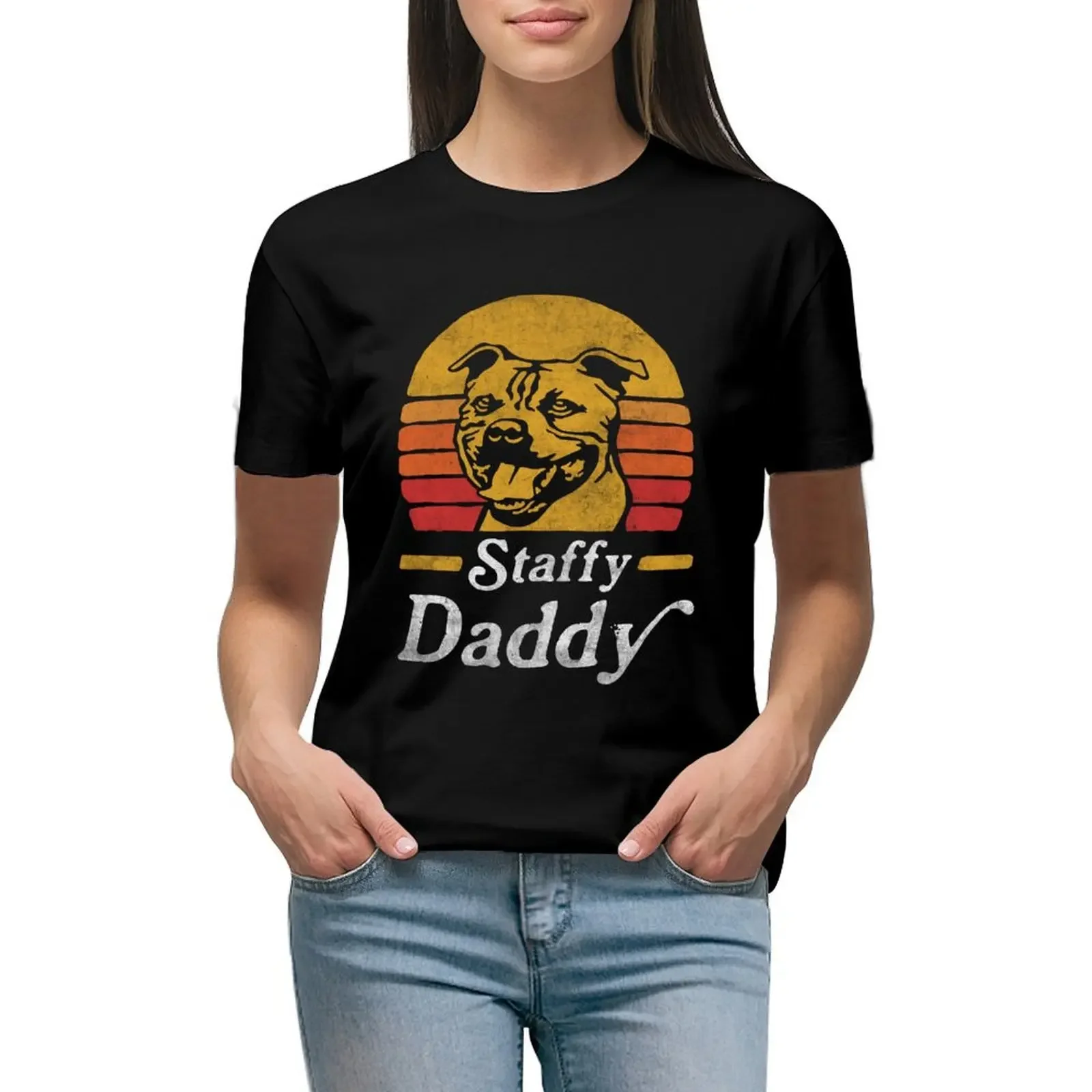 

Retro Vintage Staffy Daddy T-shirt female summer tops Women tops
