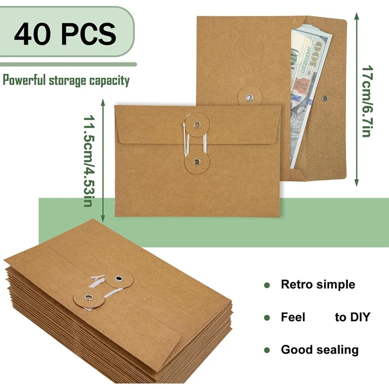 Brown Envelopes With String Tie Closure Project Pockets Document Organizer 4.53 X 6.7 Inches 40 Pcs