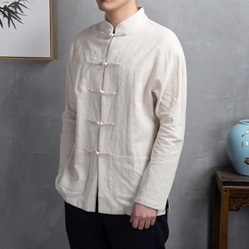 Traditional Kung Fu Shirt Traditional Chinese Style Men's Mandarin Collar Shirt with Long Sleeves Pockets Classic Kung Fu Tai