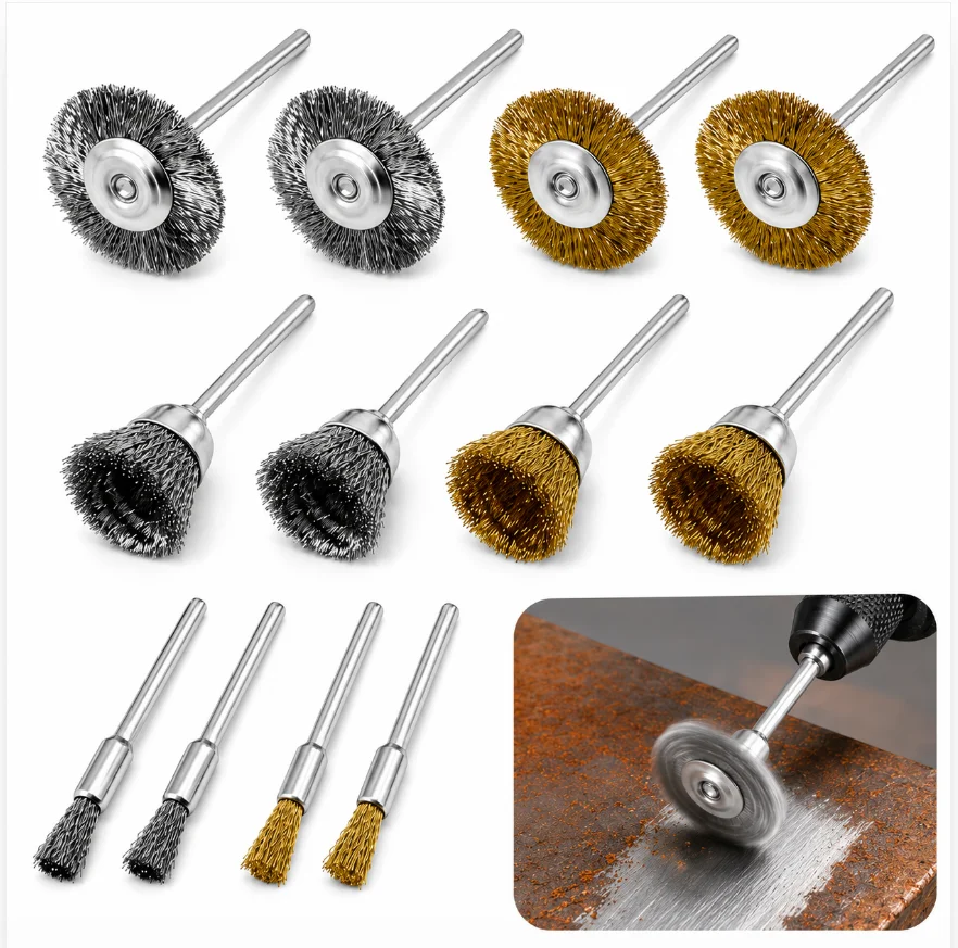 12-teiliges Messing- und Stahldrahtbürsten-Set, Rotationswerkzeug-Drahtbürsten zur Rostentfernung, Metallreinigung, Entgratung und Polierung