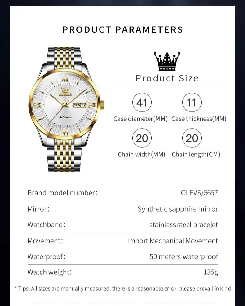 OLEVS 6657 Watch For Men Synthetic Sapphire Mirror 50M Waterproof Classic Mechanical Wristwatch Dual Calendar Luxury Man Watch
