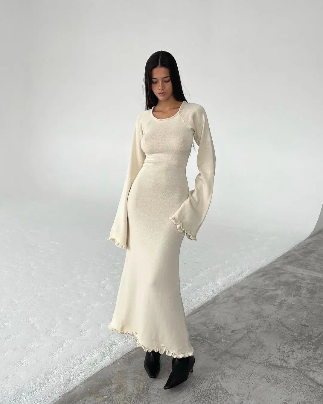Ruffled Backless Knit Dress Solid Female Casual Lace-Up High Waist Long Sleeve Maxi Dress Knitwear Bandage Fashion Dress