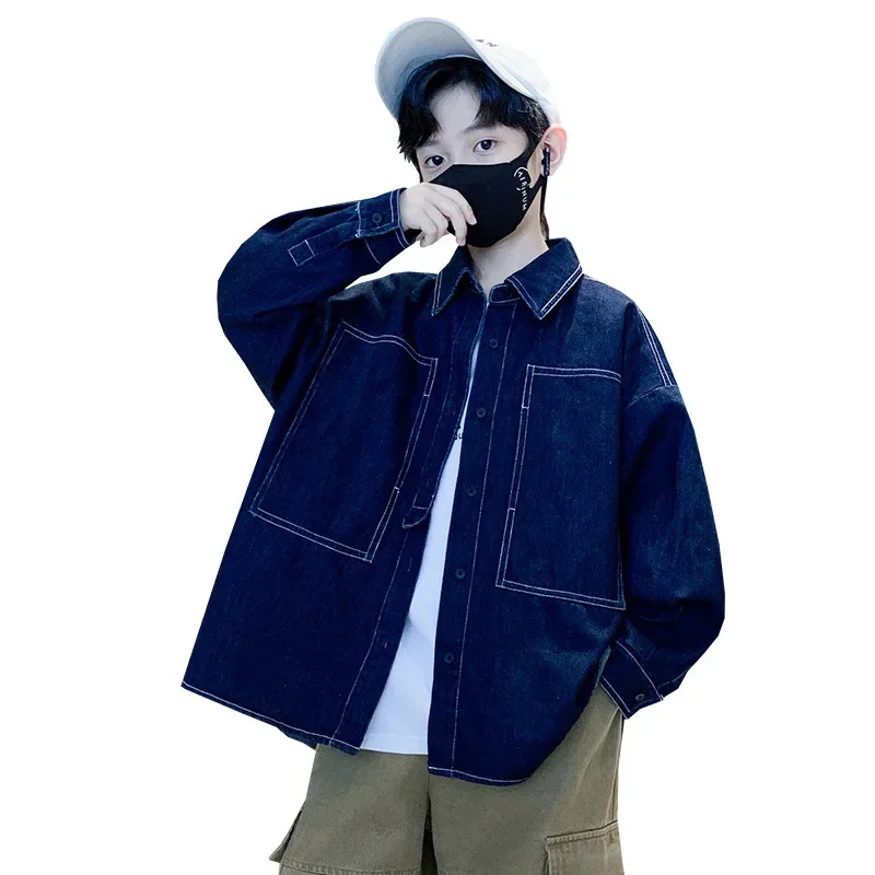Spring Fashionable Boys' Denim Shirt Children's Outerwear Big Kids Trendy Street Style Spring Autumn Clothing for Boys