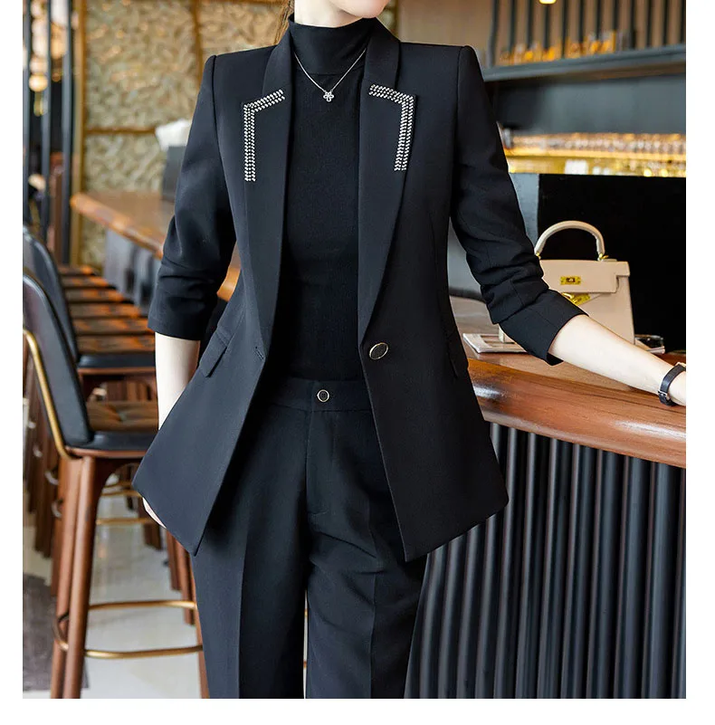 Tesco Senior Women Suit Sets 2 Piece Solid Autumn Full Sleeve Blazer Pencil Pants For Business Female Formal Suit ropa de mujer