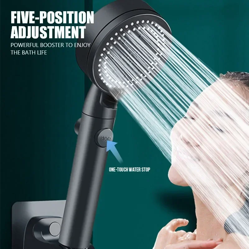 

High Pressure Shower Head 5 Modes Adjustable Showerheads with Hose Water Saving One-Key Stop Spray Nozzle Bathroom Accessories