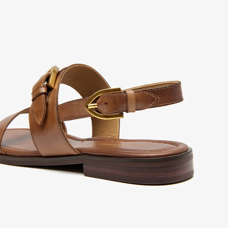 Women Slingback Sandals Flat Sandals Genuine Leather Metal Buckle Slingback Summer Shoes