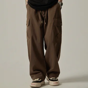 Men's Sweatpants 2025 Spring Autumn Vintage Japanese Wide Leg Straight Loose Button Big Pockets Cargo Pants Drawstring Trousers
