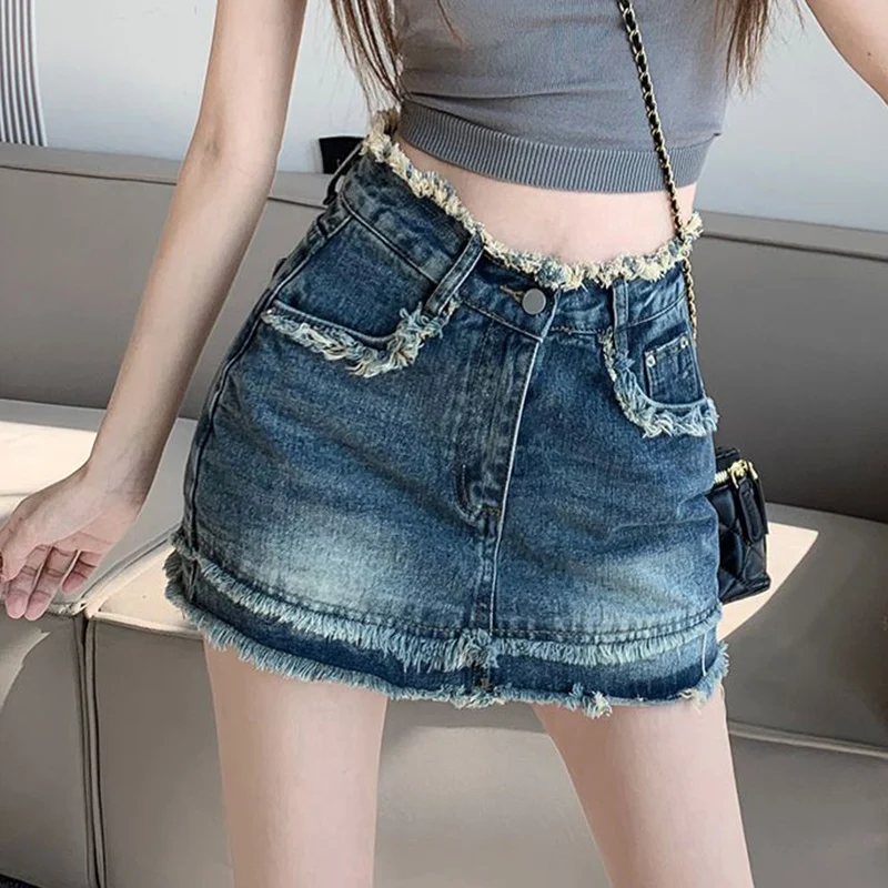 

Rimocy Women's Vintage Tassel Denim Skirt 2023 Summer Patchwork Mini High Waist Skirts Women Streetwear A-Line Y2K Skirt Woman