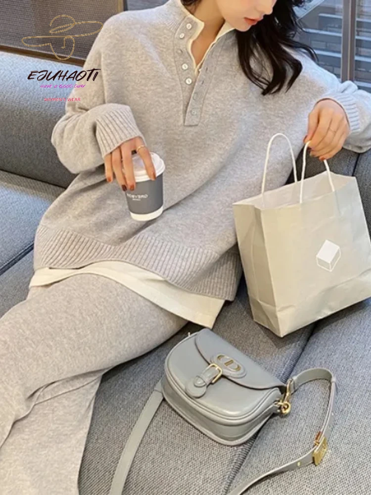 

Pant Sets Korean Fashion Women's Sweater Long Sleeve Top Pullovers Knitwears Wide Leg Pants Two Piece Set for Women Casual Suit