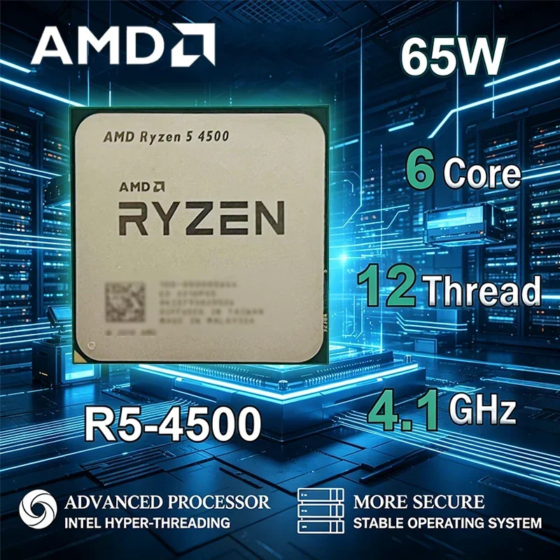 AMD Ryzen 5 4500 네이키드 패키징 소켓 AM4 6코어 12스레드 L3=8MB DDR4 프로세서 65W PCIe 3.0 7NM 새 CPU (팬 미포함)