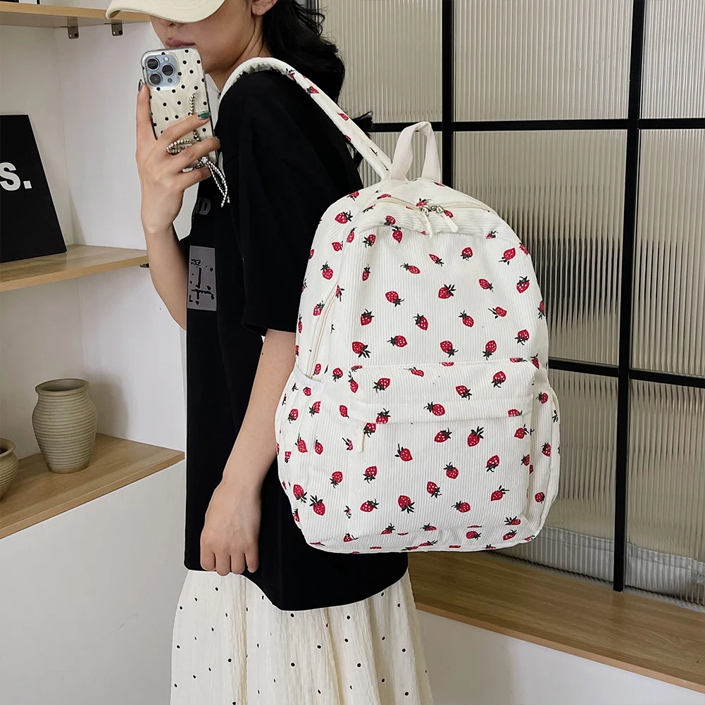 Corduroy School Backpack for Girls Teenagers Students Book Bag Strawberry Laptop Women Backpack Multi-pockets Daypack Rucksack