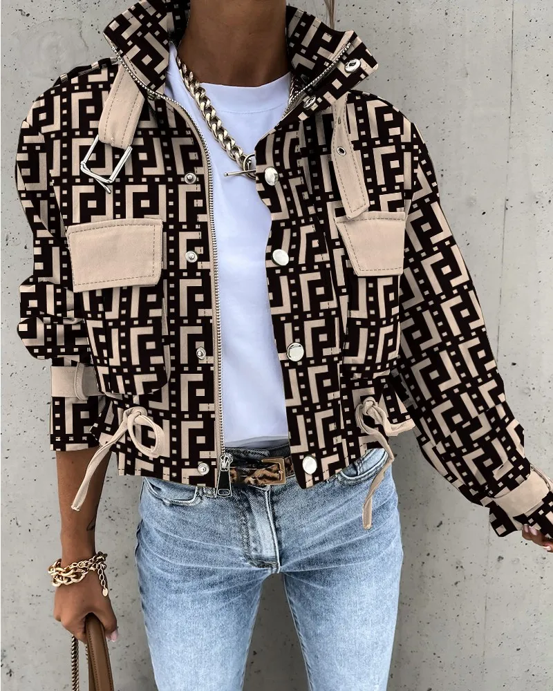 New Autumn Jacket for Women Fashion Geometric Print Pocket Design Causal Zipper Office Biker Jacket