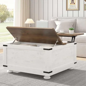 White Farmhouse Coffee Table with Storage, Square Lift Top Coffee Table with Hydraulic and Wood Gourd Feet for Living Room, Whit 1