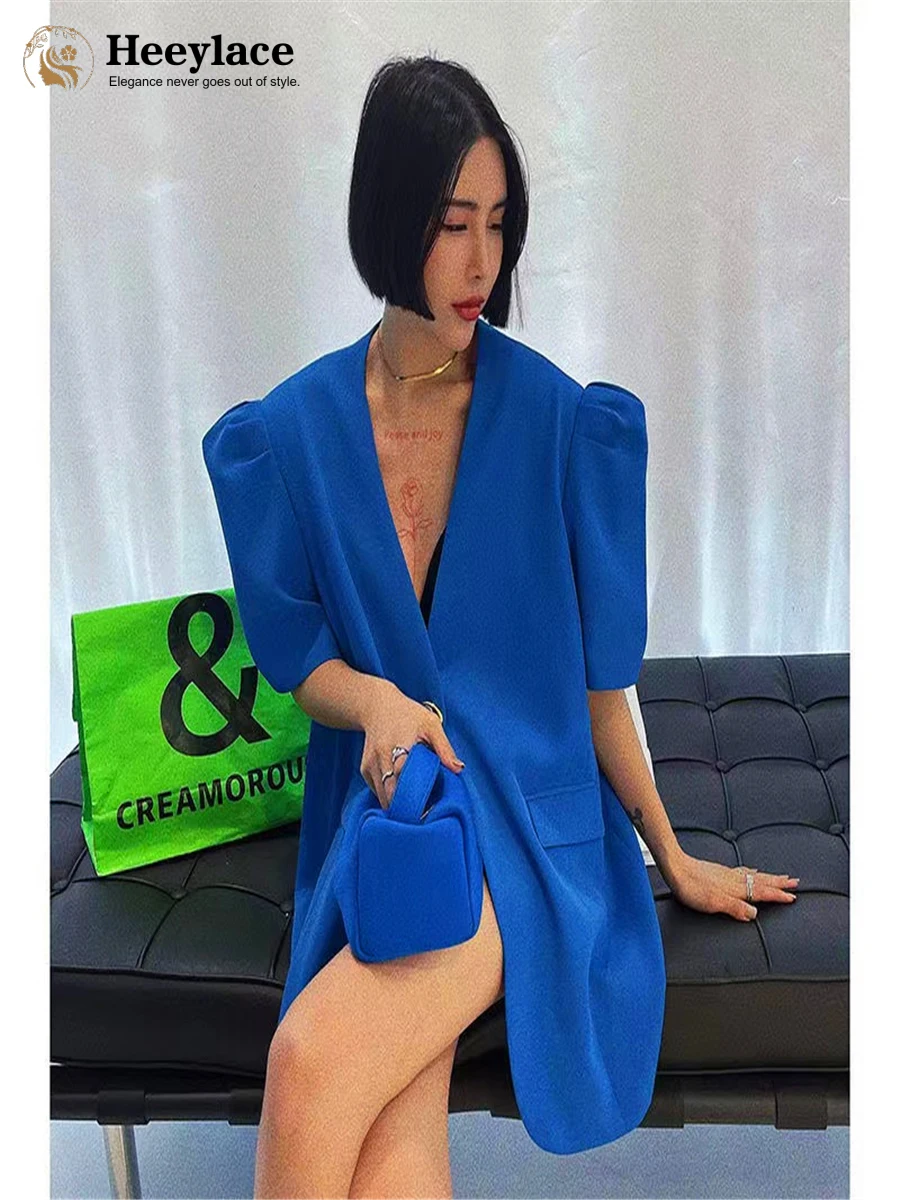 

Women Short Sleeve Blazer 2023 Summer New V-neck Bubble Y2k Top Korean Fashion Jacket Casual Loose Coats Blue White Black Blouse