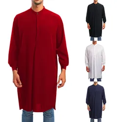 Abiti da notte da uomo musulmani tinta unita manica lunga in cotone camicia da notte O collo bottone per il tempo libero accappatoi Comfort da uomo 2024 Eid Homewear
